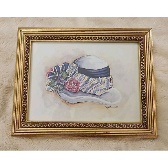 Vintage Peggy Abrams White Victorian Hat Art Print Matted With Gold Frame - Picture 1 of 8
